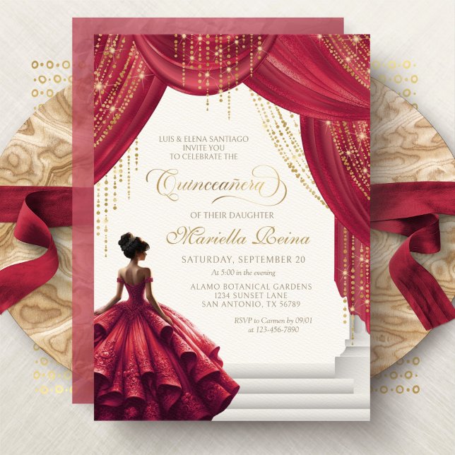 Red Gold Dress Modern Quinceanera Invitation (Creator Uploaded)