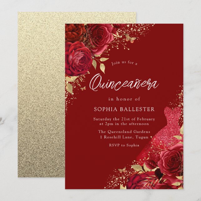 Red & Gold Dress & Roses Quinceanera Party Invitation (Front/Back)