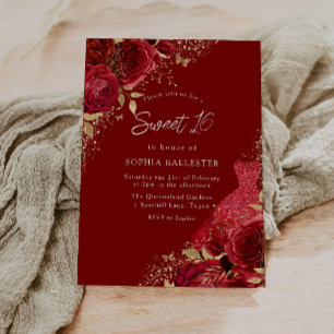 Red & Gold Dress & Roses Sweet 16 Party Invitation