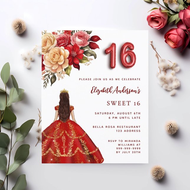 Red gold dress roses white Sweet 16 invitation (Creator Uploaded)