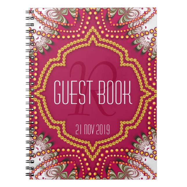 Red Gold Eastern Bohemian Monogram Guest Book (Front)