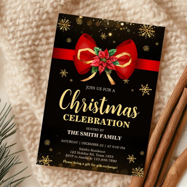Red Gold Elegant Bow Holiday Christmas Party Invitation (Elegant Bow Holiday Christmas Party Invitation)