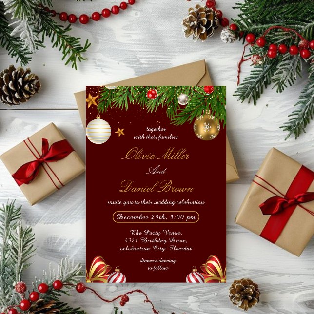 Red,Gold Elegant Christmas holiday winter Wedding Invitation (Creator Uploaded)