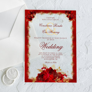 Red Gold Elegant Monogram Roses Formal Wedding Acrylic Invitations
