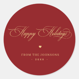 Red & Gold Elegant Script Happy Holidays Custom Classic Round Sticker