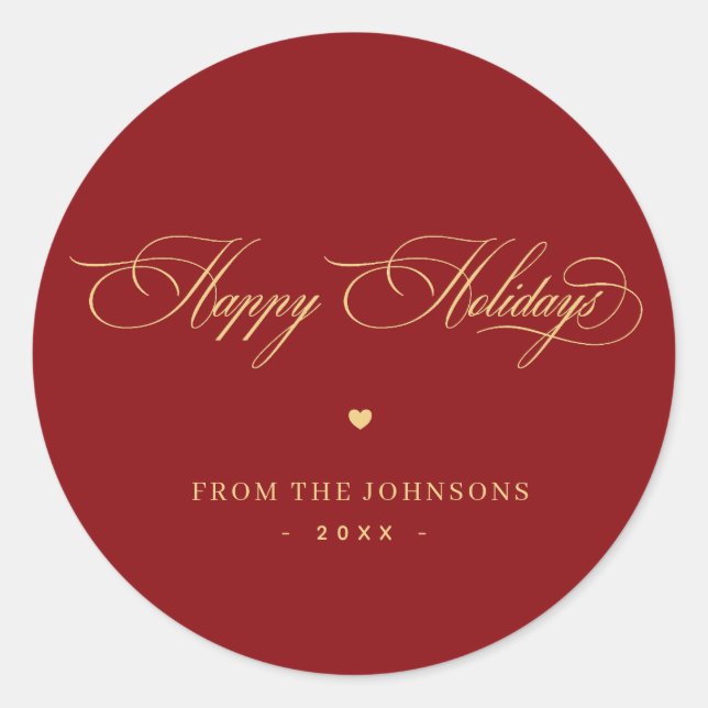 Red & Gold Elegant Script Happy Holidays Custom   Classic Round Sticker (Front)