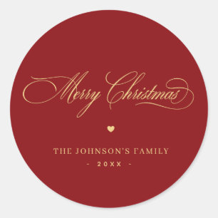 Red & Gold Elegant Script Merry Christmas Custom   Classic Round Sticker