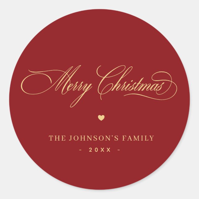 Red & Gold Elegant Script Merry Christmas Custom   Classic Round Sticker (Front)