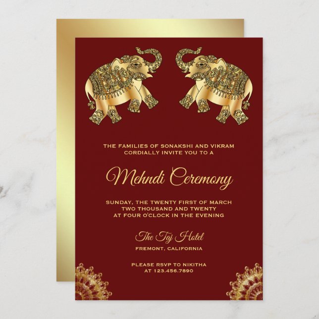 Red Gold Elephants Indian Henna Mehndi Ceremony Invitation (Front/Back)
