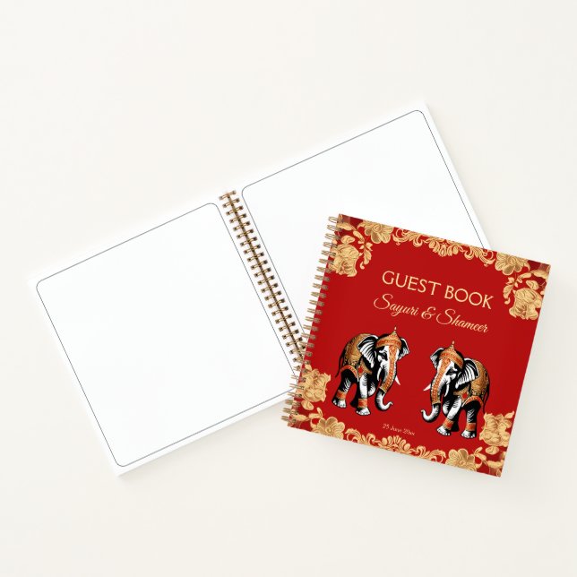 Red gold elephants Indian wedding guest book (Inside)