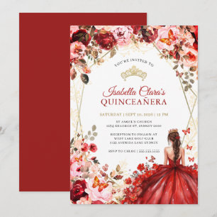 Red Gold Enchanted Floral Princess Quinceanera Invitation
