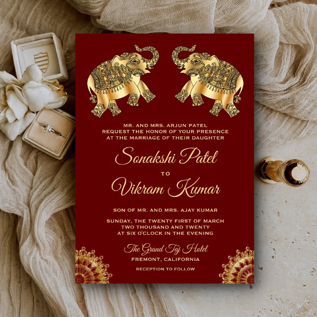 Red Gold Ethnic Elephants Indian Wedding Invite (Creator Uploaded)
