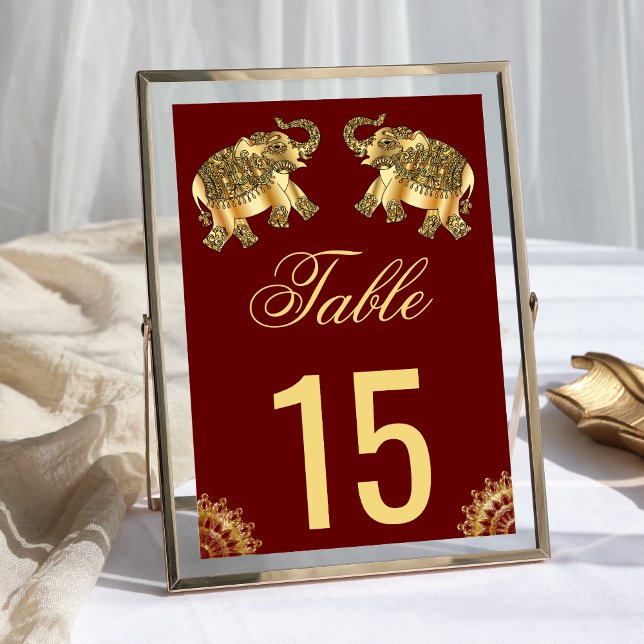 Red Gold Ethnic Elephants Indian Wedding Table Number (Creator Uploaded)