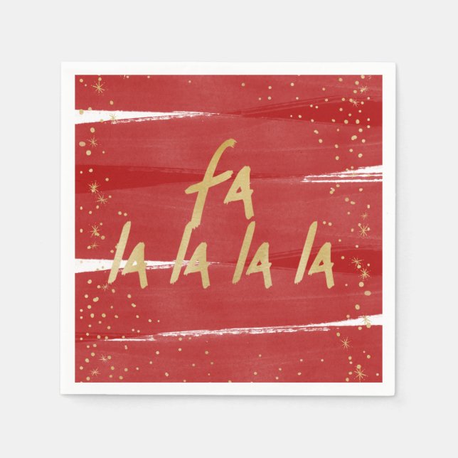 Red & Gold Fa La La La La Snowy Christmas Holiday Napkin (Front)