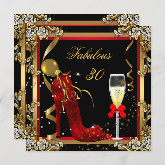 Red Gold Fabulous 30 Birthday Party Invitation (Front/Back)