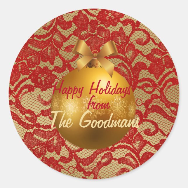Red & Gold Faux Floral Lace Gold Ball Ornament Classic Round Sticker (Front)