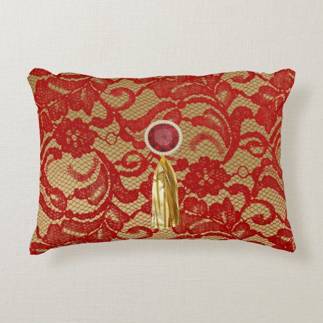 Red & Gold Faux Floral Lace Jewel & Gold Tassel Decorative Cushion (Front)