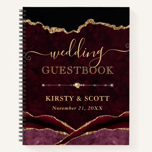 Red Gold Faux Glitter Agate Wedding Guest Book (Front)