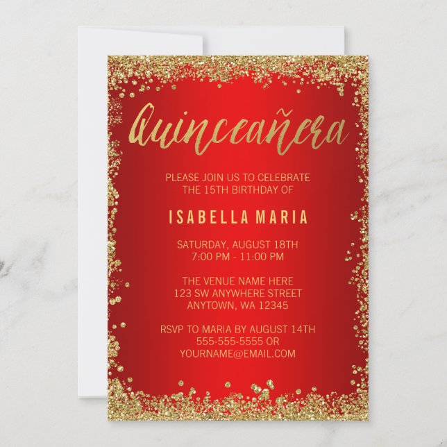 Red Gold Faux Glitter Quinceanera 15th Birthday Invitation (Front)