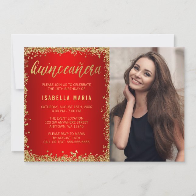 Red Gold Faux Glitter Quinceanera 15th Photo Invitation (Front)