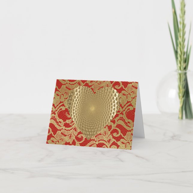 Red & Gold Faux Lace Golden Prismatic Heart Holiday Card (Front)
