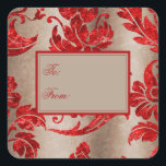 Red Gold Faux Velvet Damask Elegant Gift Tag<br><div class="desc">Beautiful faux red velvet damask on a dark faux gold background.  Beautiful gift tag for any occasion.  100% customer satisfaction at Zazzle.</div>