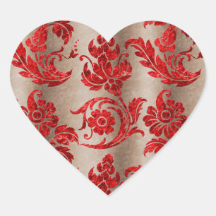 Red Gold Faux Velvet Damask Heart Sticker
