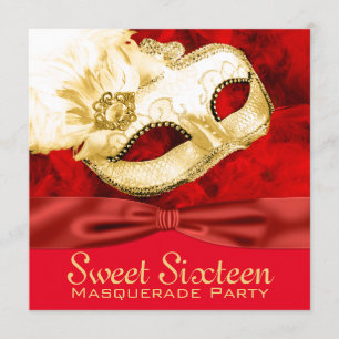 Red Gold Feather Masquerade Party Invitation