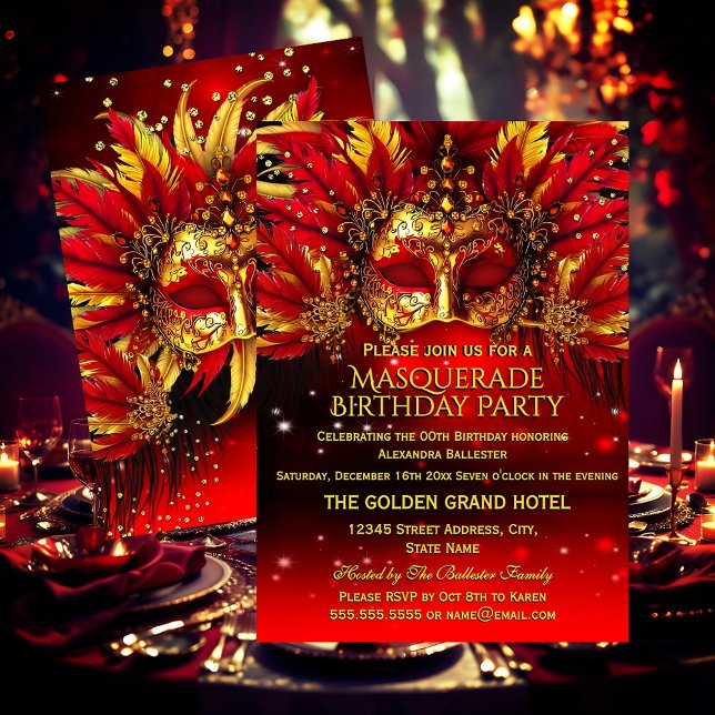 Red Gold Feathered Masks Masquerade Birthday Party Invitation (Creator Uploaded)