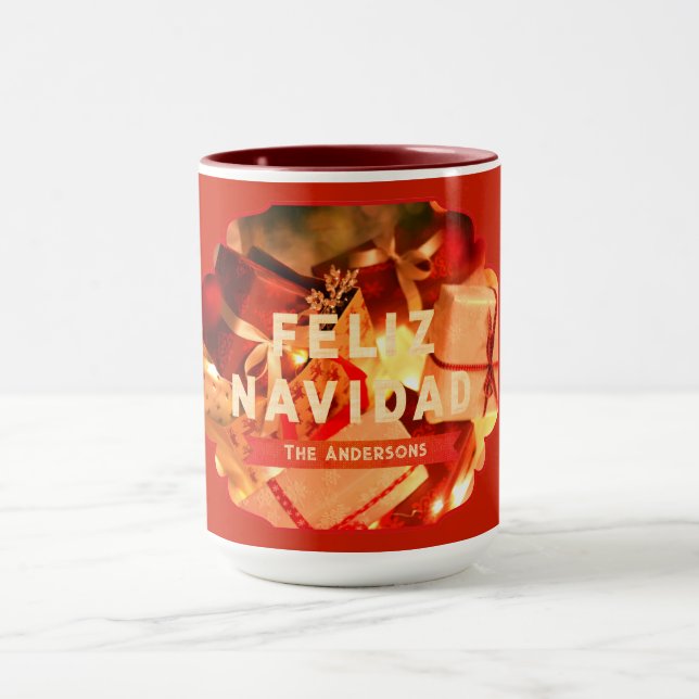 Red Gold Feliz Navidad Script Modern Christmas Mug (Center)