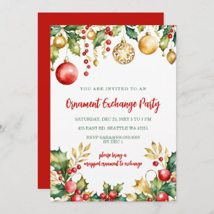 Red Gold Festive Ornament Exchange Christmas Party Invitation