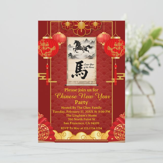 Red & Gold Festive Scroll Lunar Year of the Horse Invitation (Standing Front)