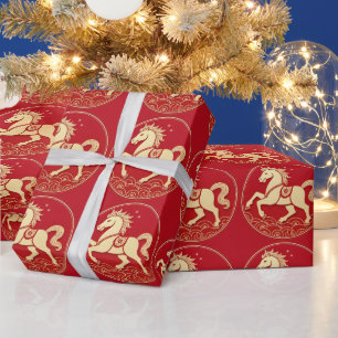 Red Gold Fire Horse Chinese New Year Wrapping Paper