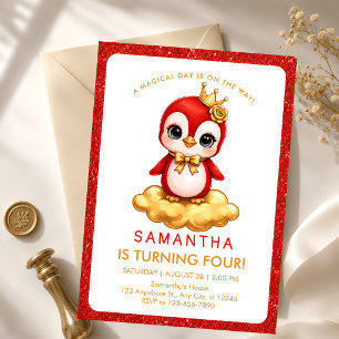 Red Gold Flamingo Princess 4th Birthday Invitation