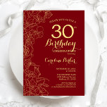 Red Gold Floral 30th Birthday Party Invitation<br><div class="desc">Red Gold Floral 30th Birthday Party Invitation. Minimalist modern design featuring botanical outline drawings accents,  faux gold foil and typography script font. Simple trendy invite card perfect for a stylish female bday celebration. Can be customised to any age. Printed Zazzle invitations or instant download digital printable template.</div>