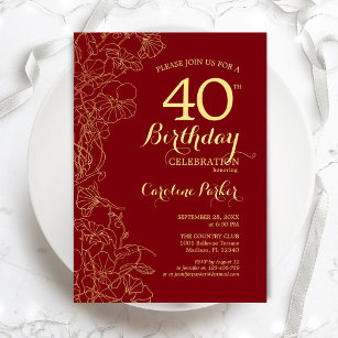 Red Gold Floral 40th Birthday Party Invitation