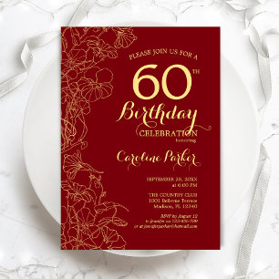 Red Gold Floral 60th Birthday Party Invitation