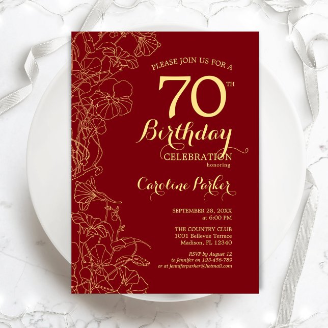 Red Gold Floral 70th Birthday Party Invitation (Creator Uploaded)