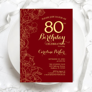 Red Gold Floral 80th Birthday Party Invitation