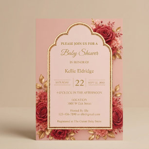 Red & Gold Floral Baby Shower Invitation