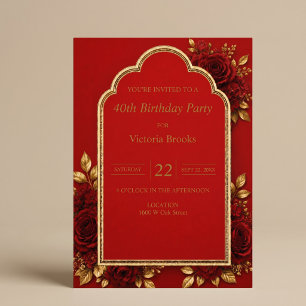 Red & Gold Floral Birthday Party Invitation