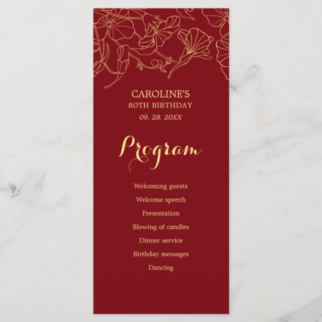 Red Gold Floral Birthday Program Programme (Front)