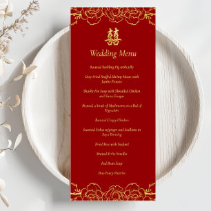 Red gold floral border chinese wedding banquet menu