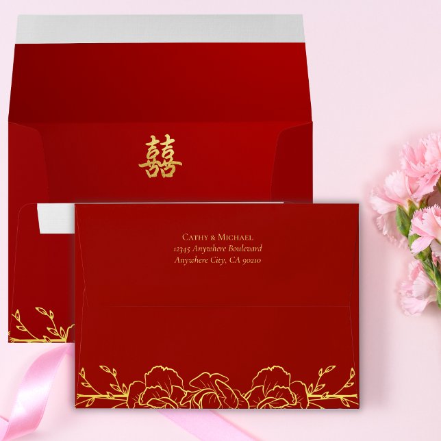 Red gold floral border chinese wedding double xi envelope (Creator Uploaded)