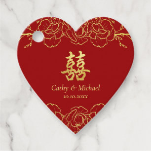 Red gold floral border chinese wedding double xi favour tags