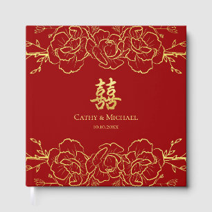 Red gold floral border chinese wedding double xi guest book