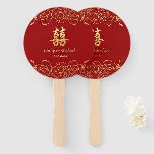 Red gold floral border chinese wedding double xi hand fan