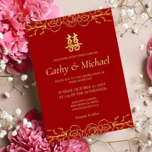 Red gold floral border Chinese wedding double xi Invitation