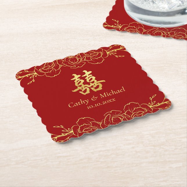 Red gold floral border chinese wedding double xi paper coaster (Angled)