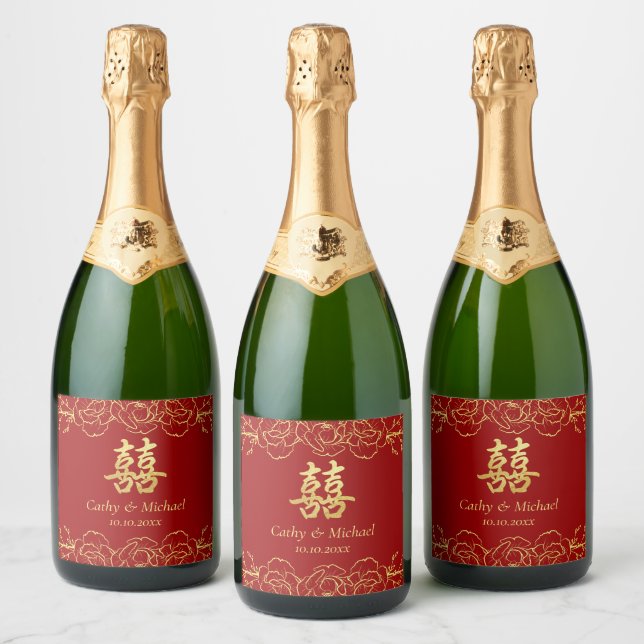 Red gold floral border chinese wedding double xi sparkling wine label (Bottles)